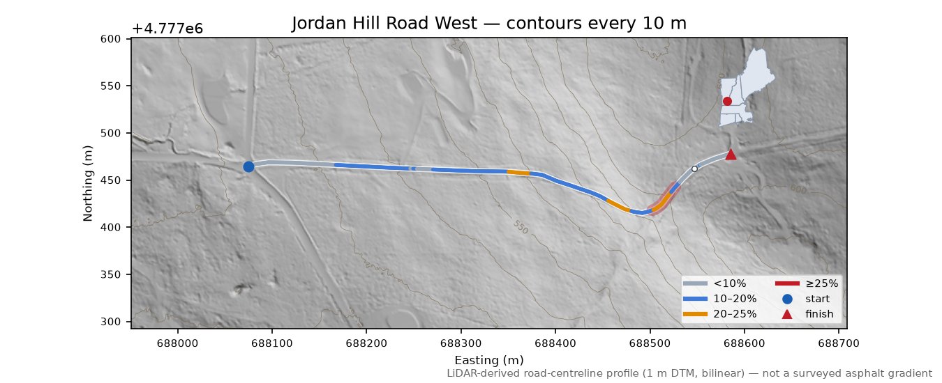 Jordan Hill Road West LiDAR hillshade map with contours