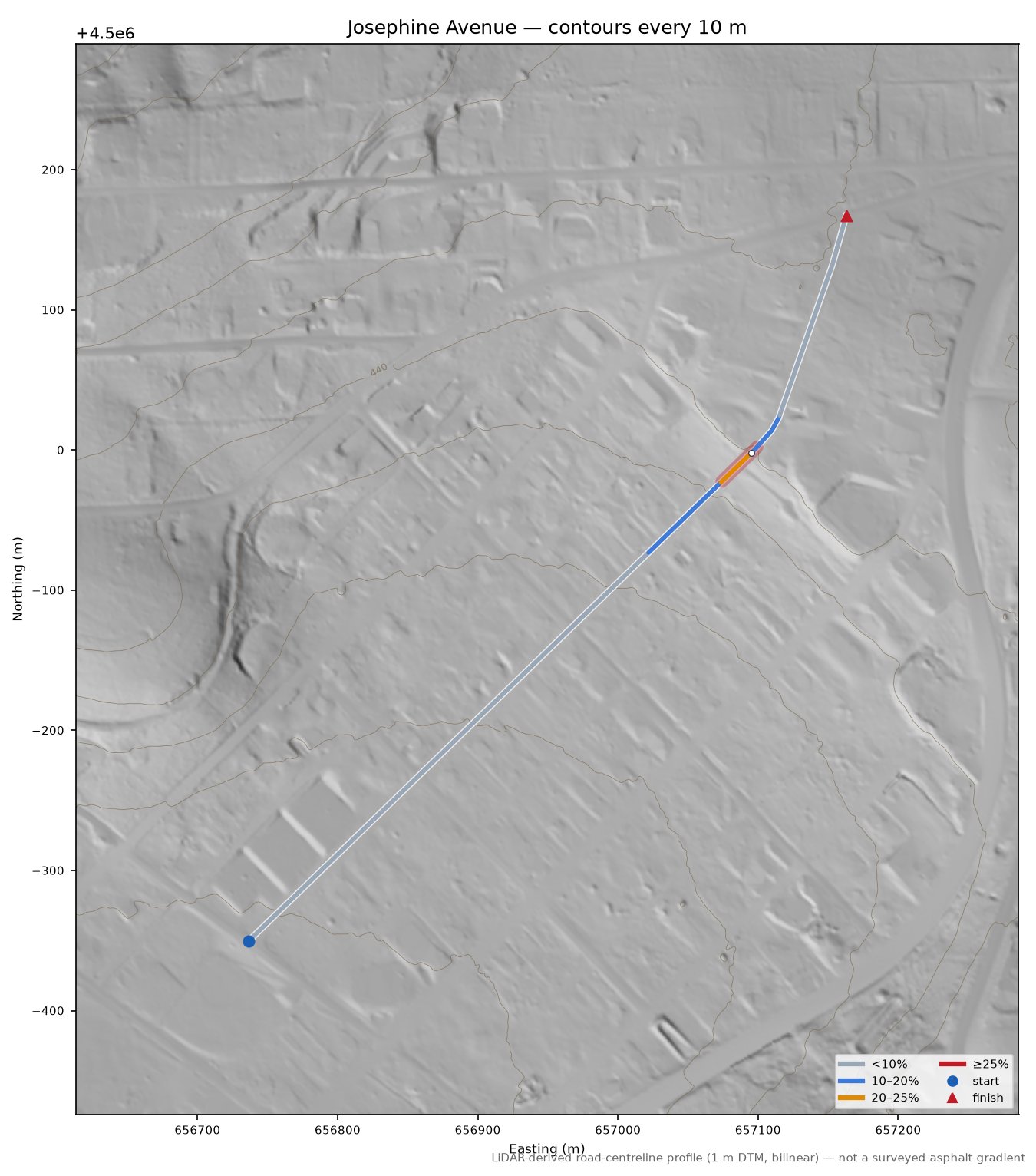 Josephine Avenue LiDAR hillshade map with contours