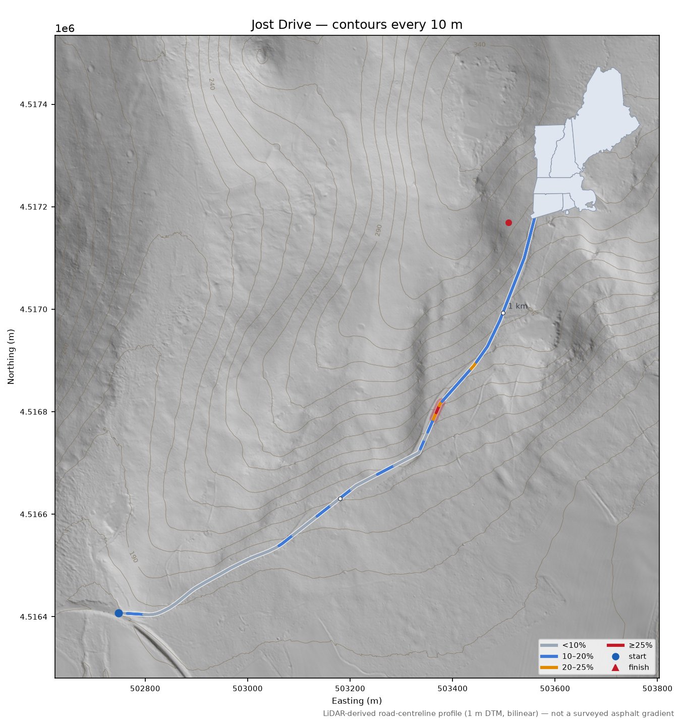 Jost Drive LiDAR hillshade map with contours