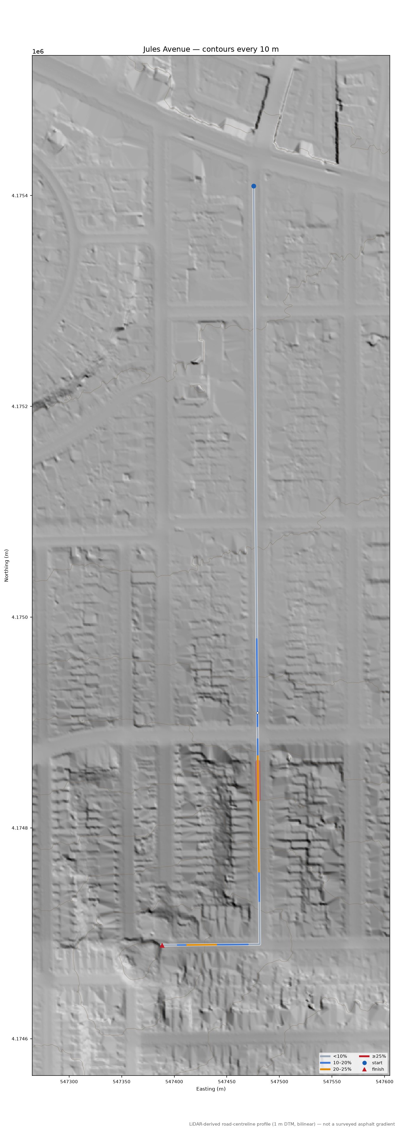 Jules Avenue LiDAR hillshade map with contours