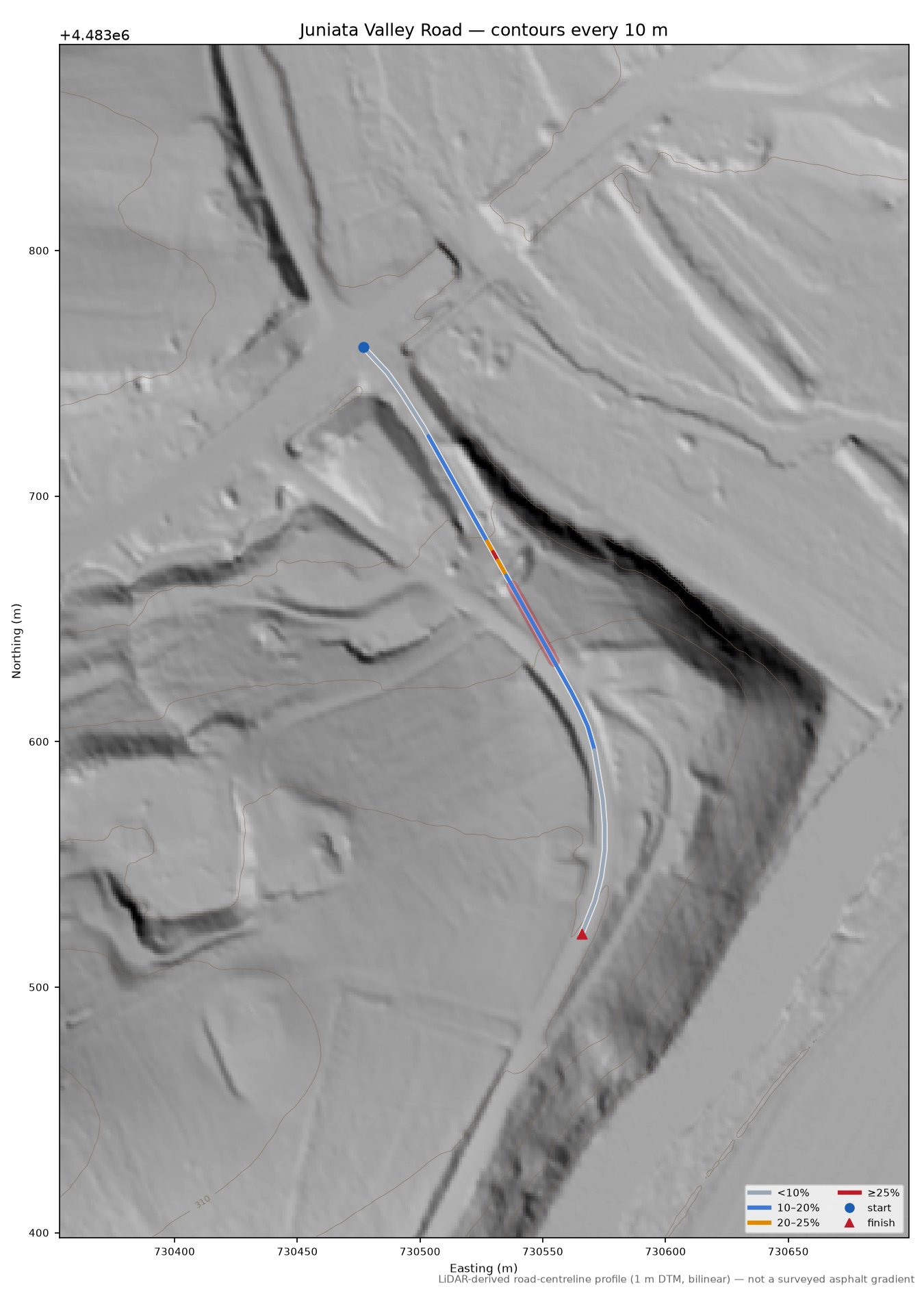 Juniata Valley Road LiDAR hillshade map with contours