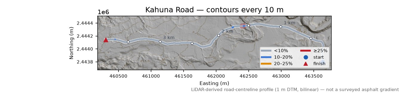 Kahuna Road LiDAR hillshade map with contours
