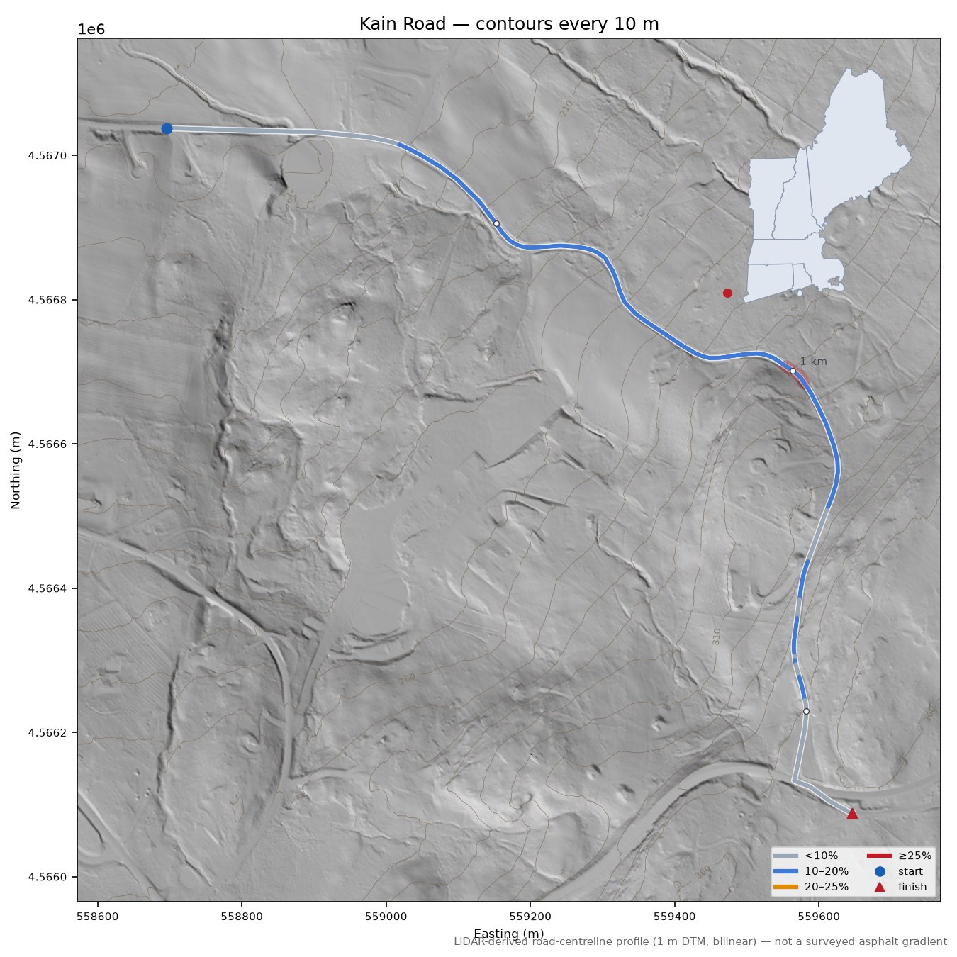 Kain Road LiDAR hillshade map with contours