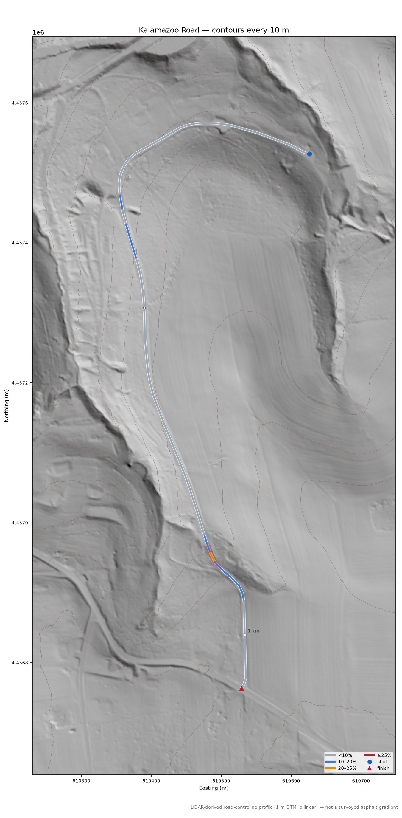 Kalamazoo Road LiDAR hillshade map with contours