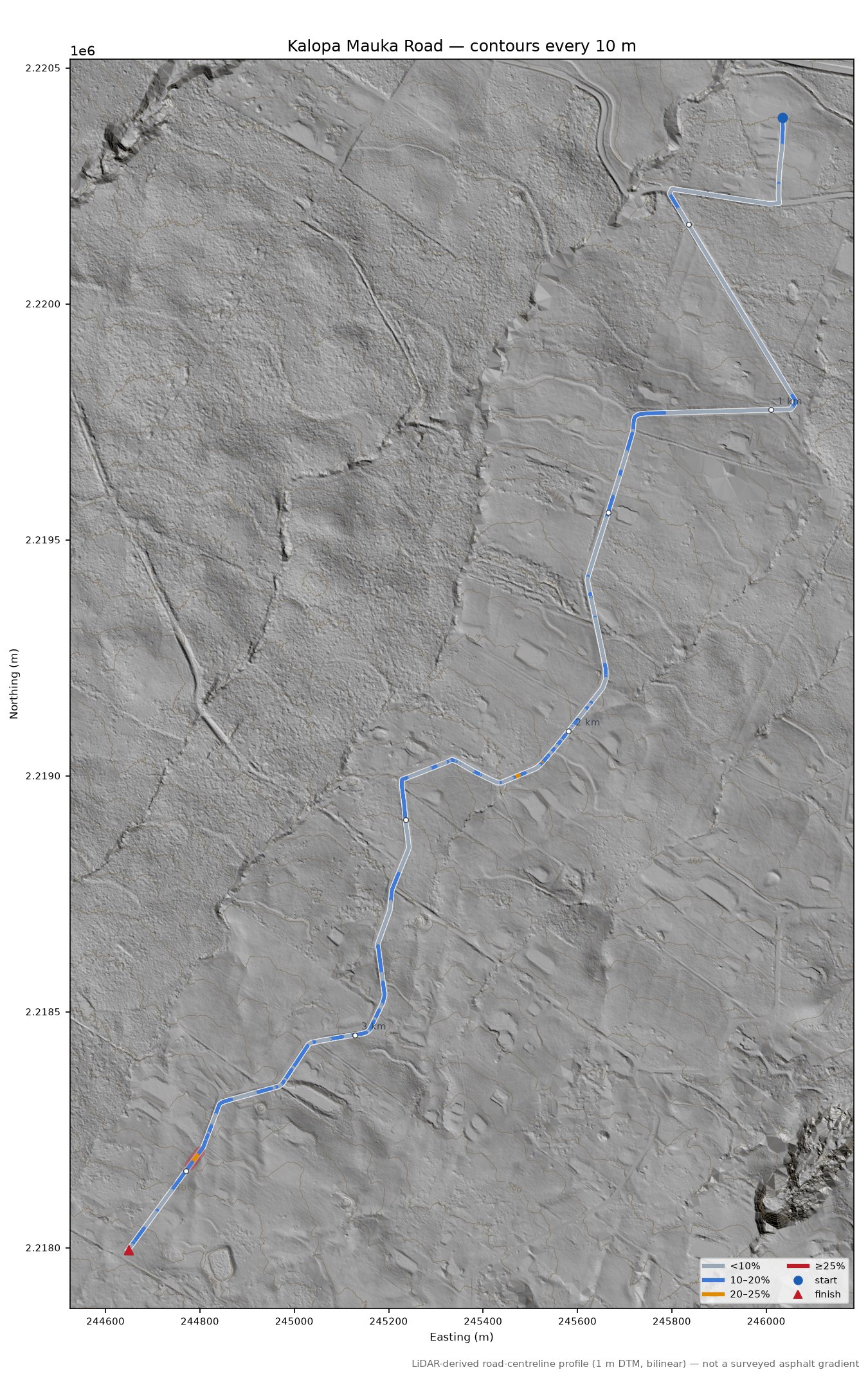 Kalopa Mauka Road LiDAR hillshade map with contours