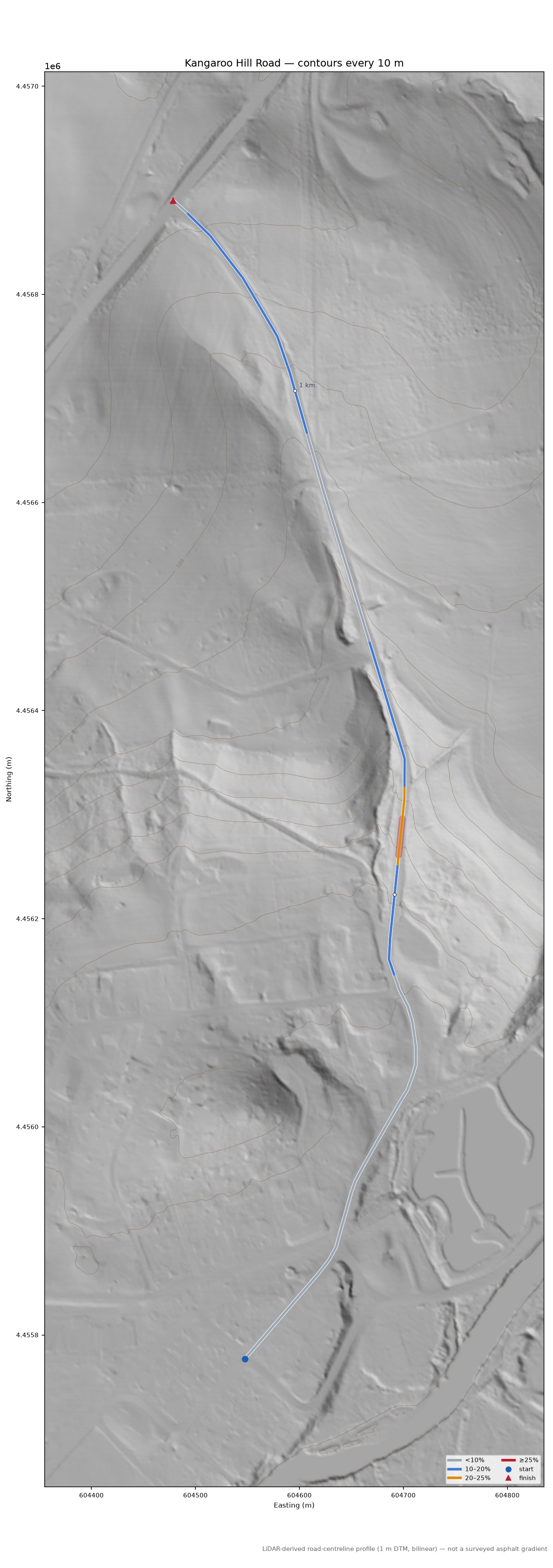 Kangaroo Hill Road LiDAR hillshade map with contours