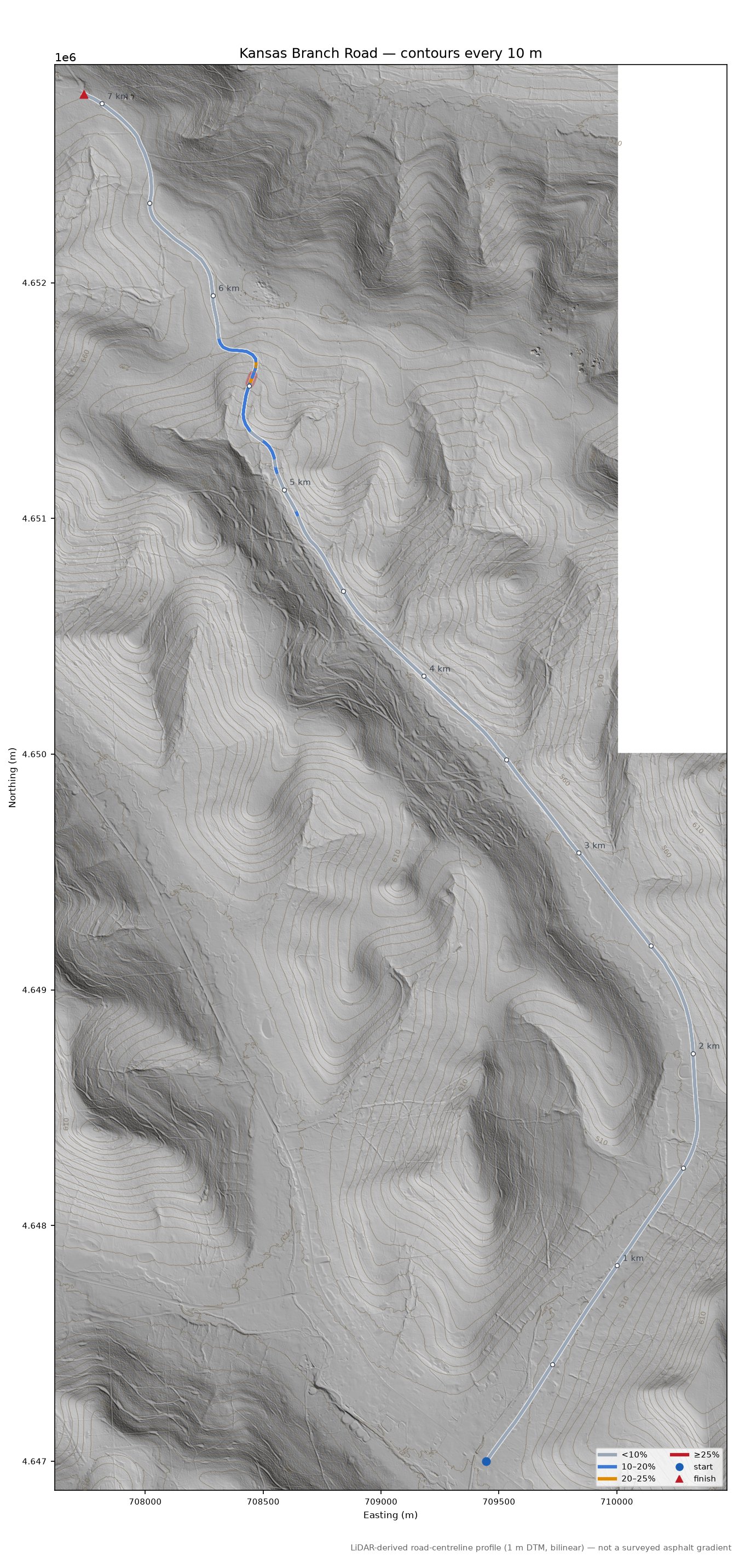 Kansas Branch Road LiDAR hillshade map with contours