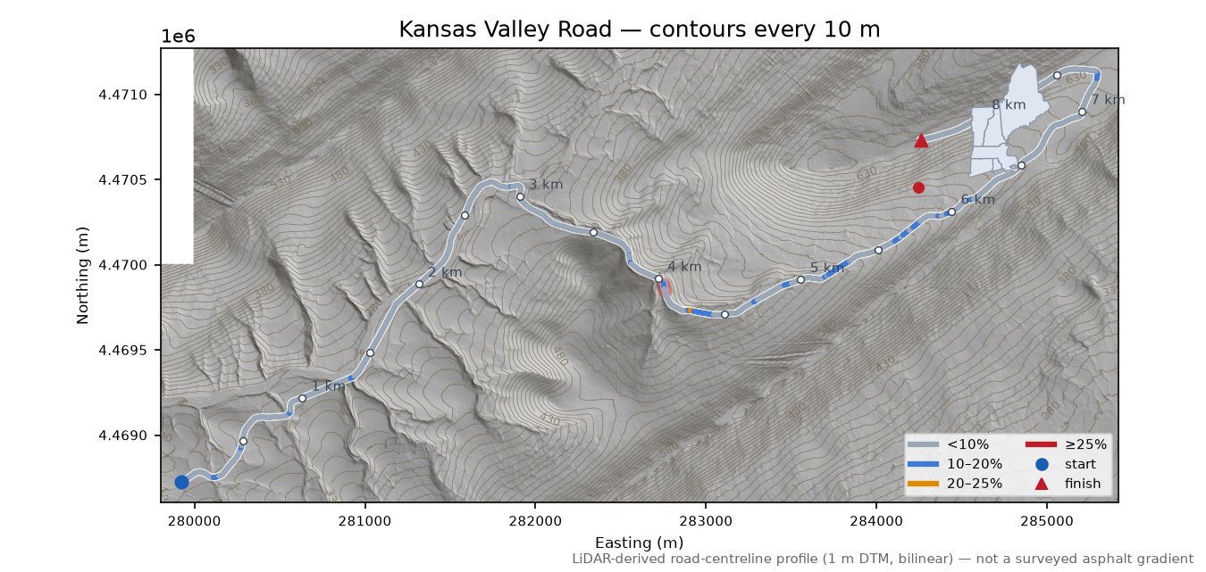 Kansas Valley Road LiDAR hillshade map with contours