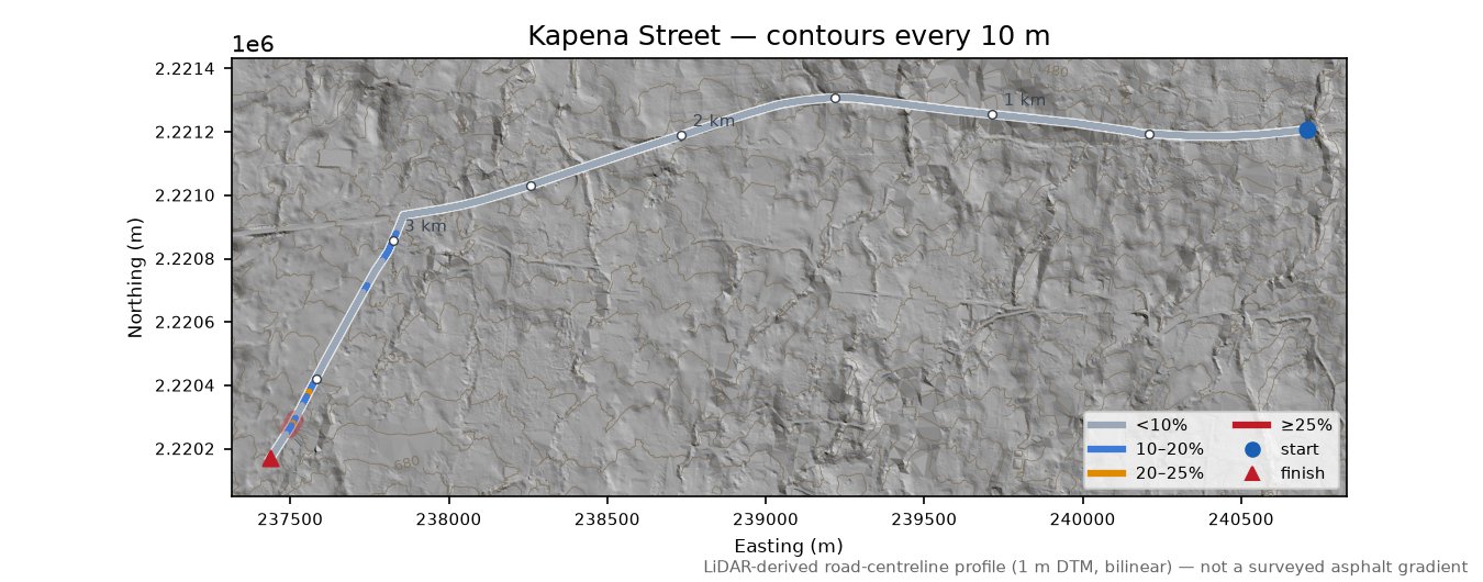 Kapena Street LiDAR hillshade map with contours