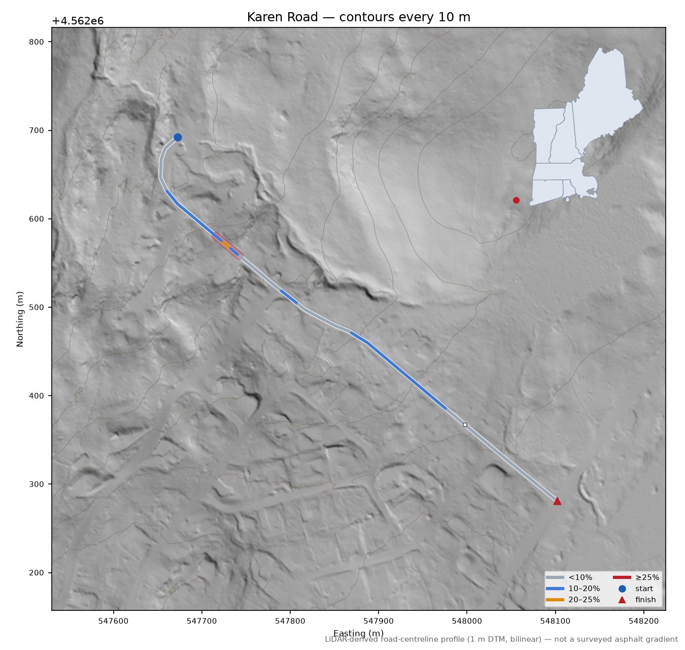 Karen Road LiDAR hillshade map with contours