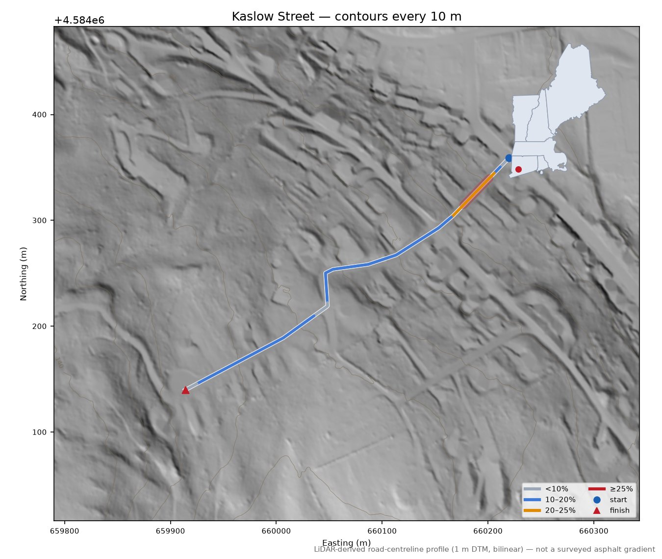 Kaslow Street LiDAR hillshade map with contours