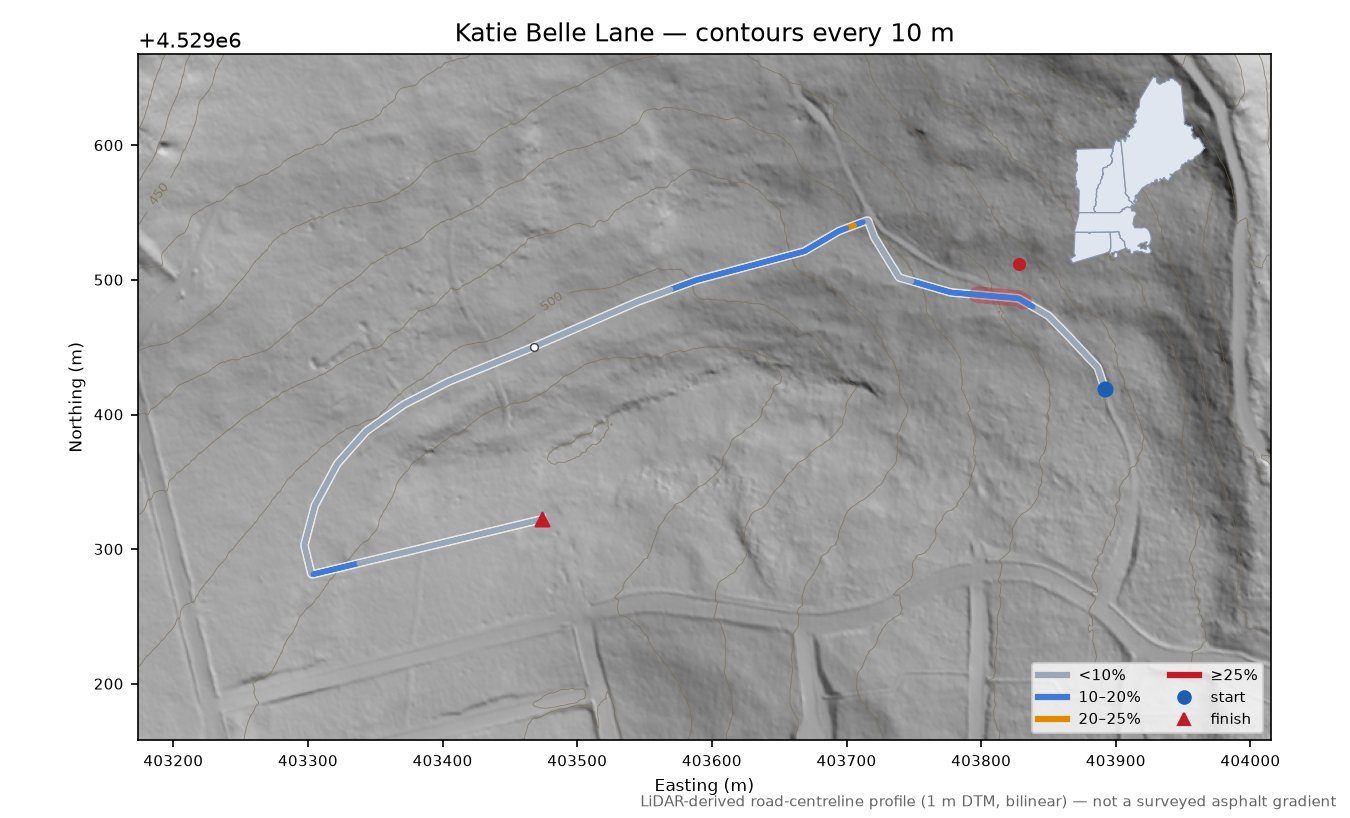 Katie Belle Lane LiDAR hillshade map with contours