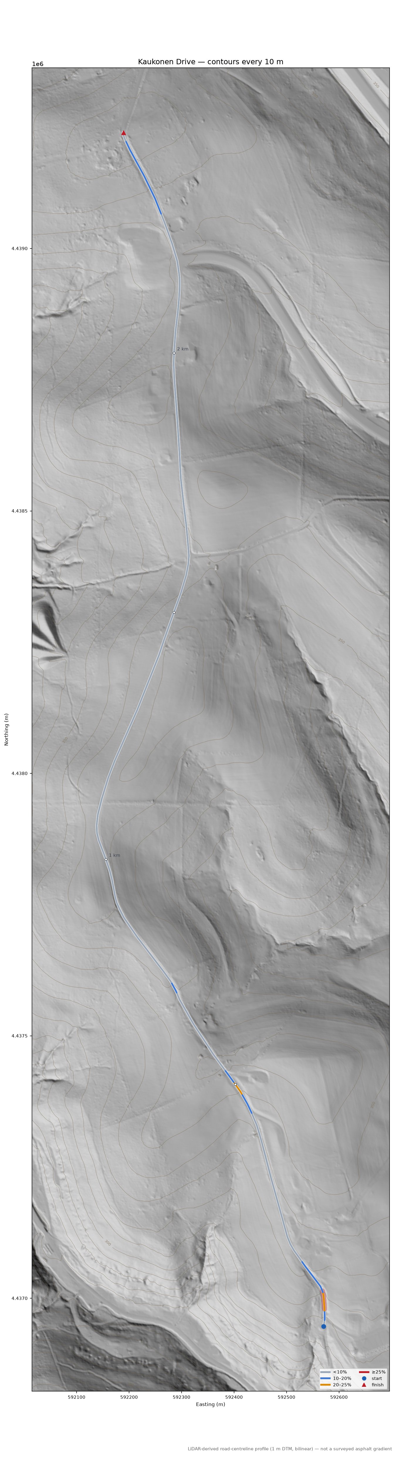 Kaukonen Drive LiDAR hillshade map with contours