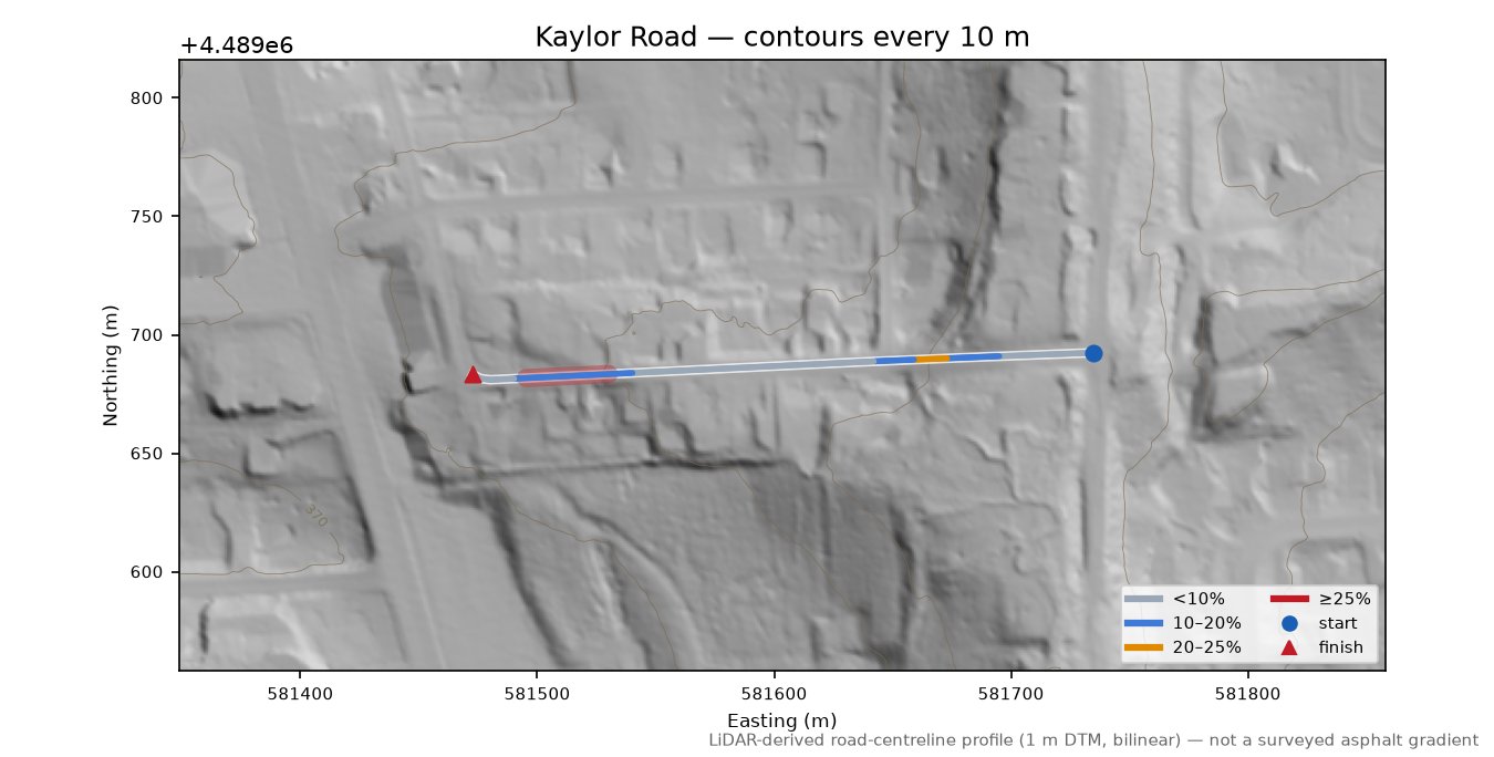 Kaylor Road LiDAR hillshade map with contours