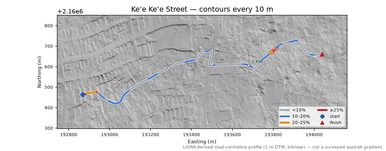 Keʻe Keʻe Street LiDAR hillshade map with contours