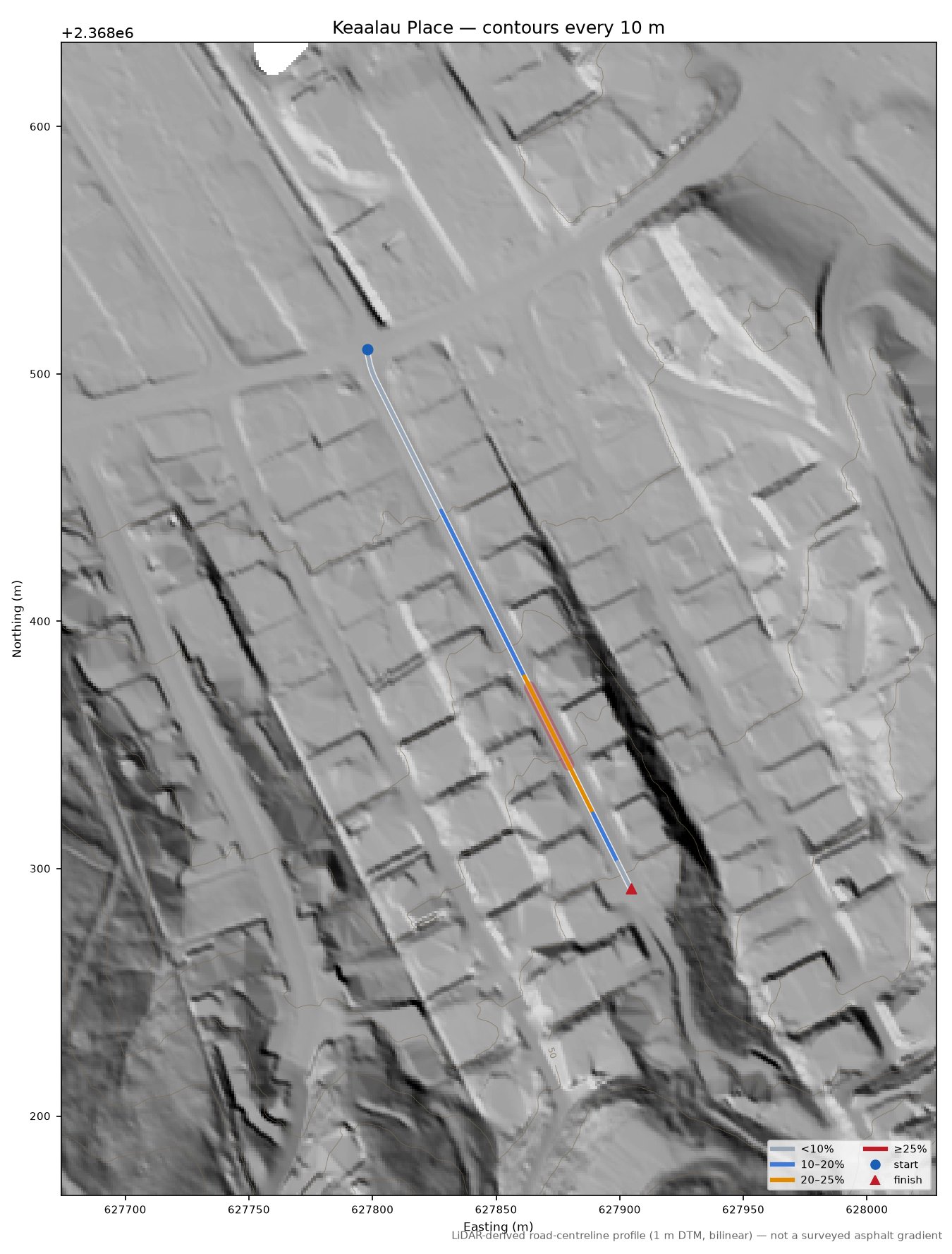 Keaalau Place LiDAR hillshade map with contours