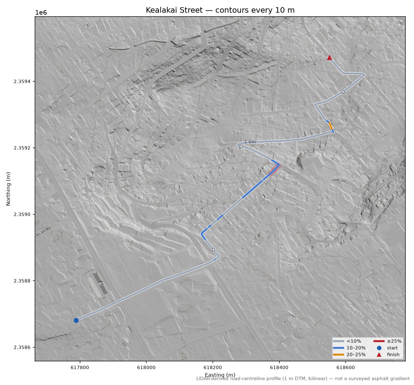 Kealakai Street LiDAR hillshade map with contours