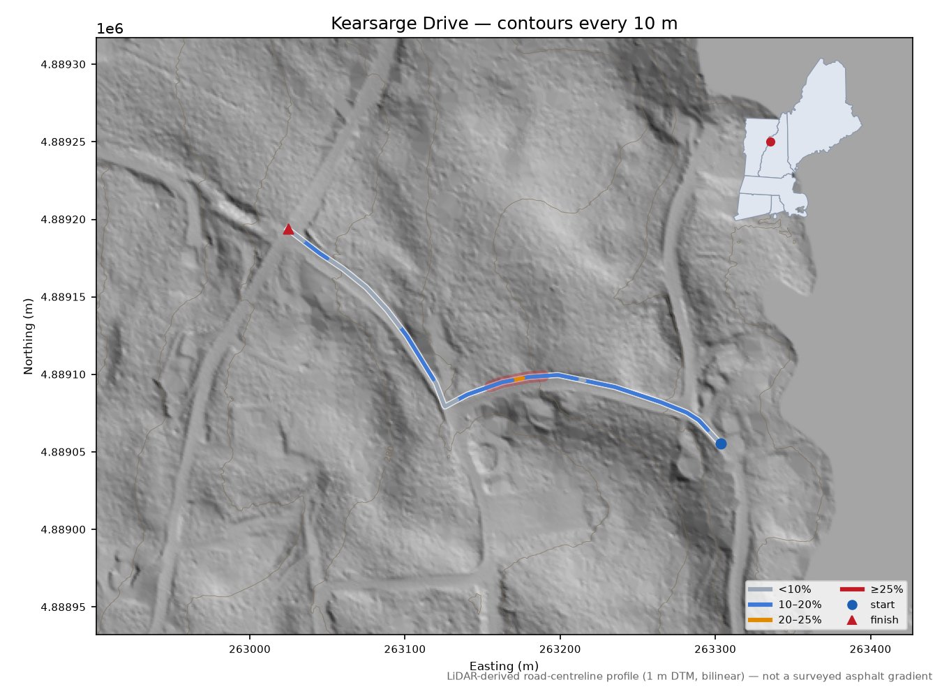 Kearsarge Drive LiDAR hillshade map with contours