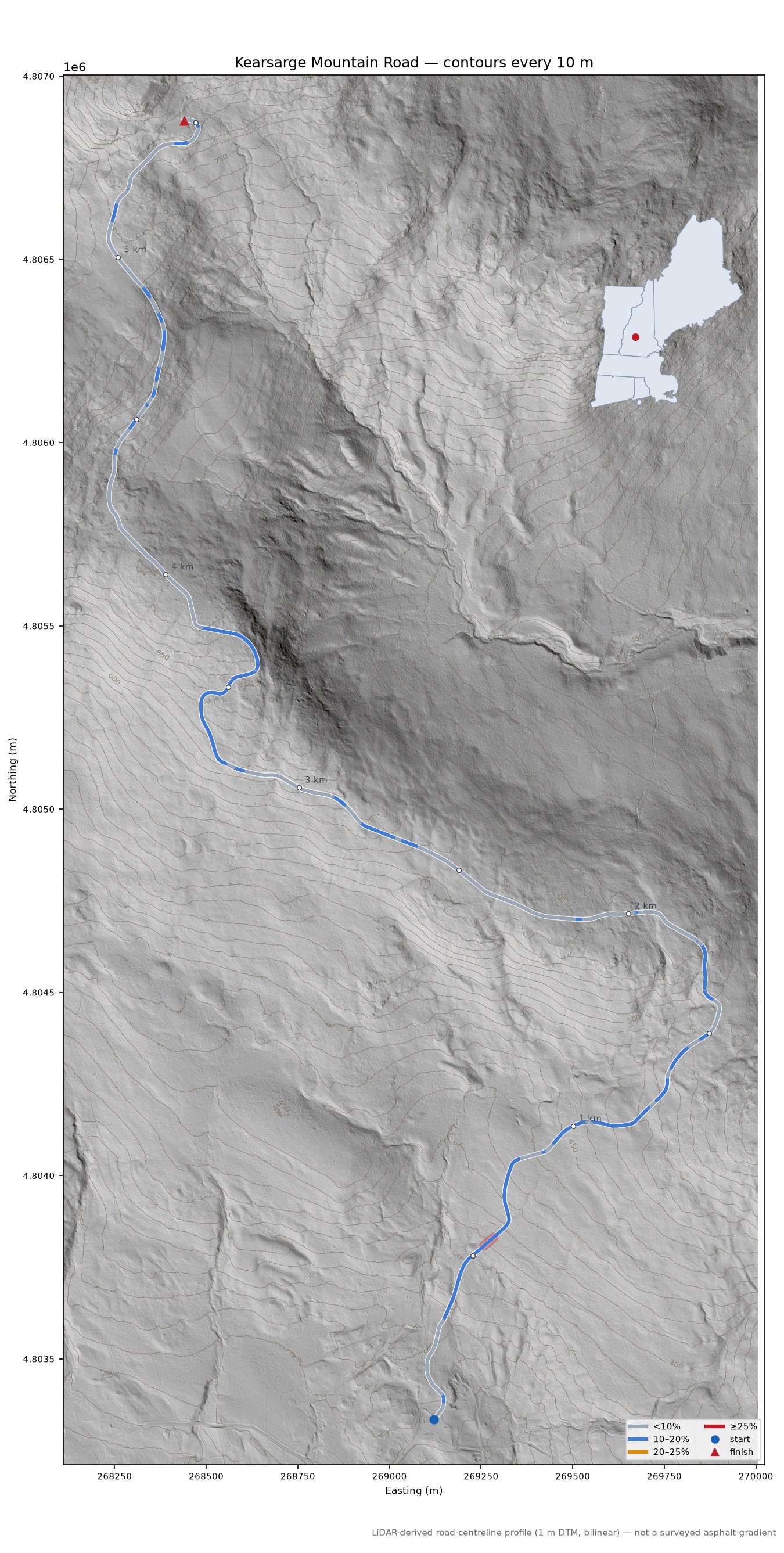 Kearsarge Mountain Road LiDAR hillshade map with contours