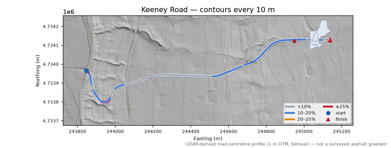 Keeney Road LiDAR hillshade map with contours