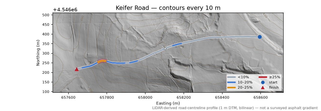 Keifer Road LiDAR hillshade map with contours
