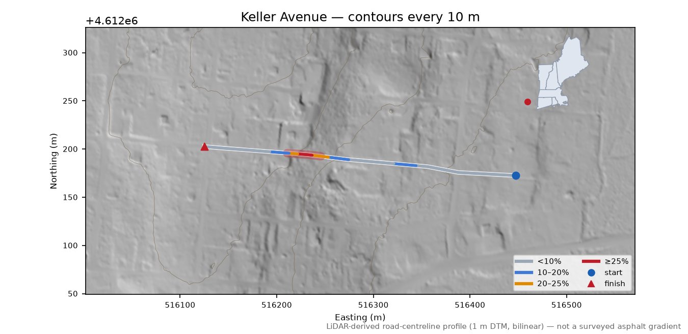 Keller Avenue LiDAR hillshade map with contours