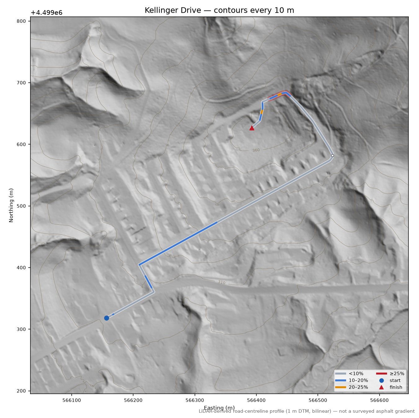 Kellinger Drive LiDAR hillshade map with contours
