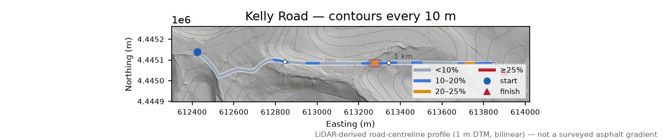 Kelly Road LiDAR hillshade map with contours