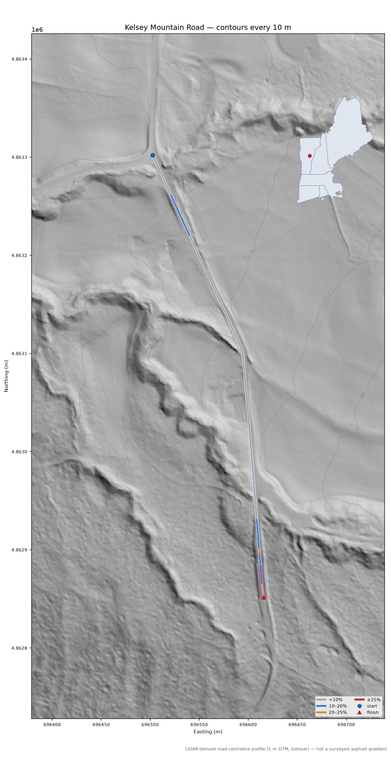 Kelsey Mountain Road LiDAR hillshade map with contours