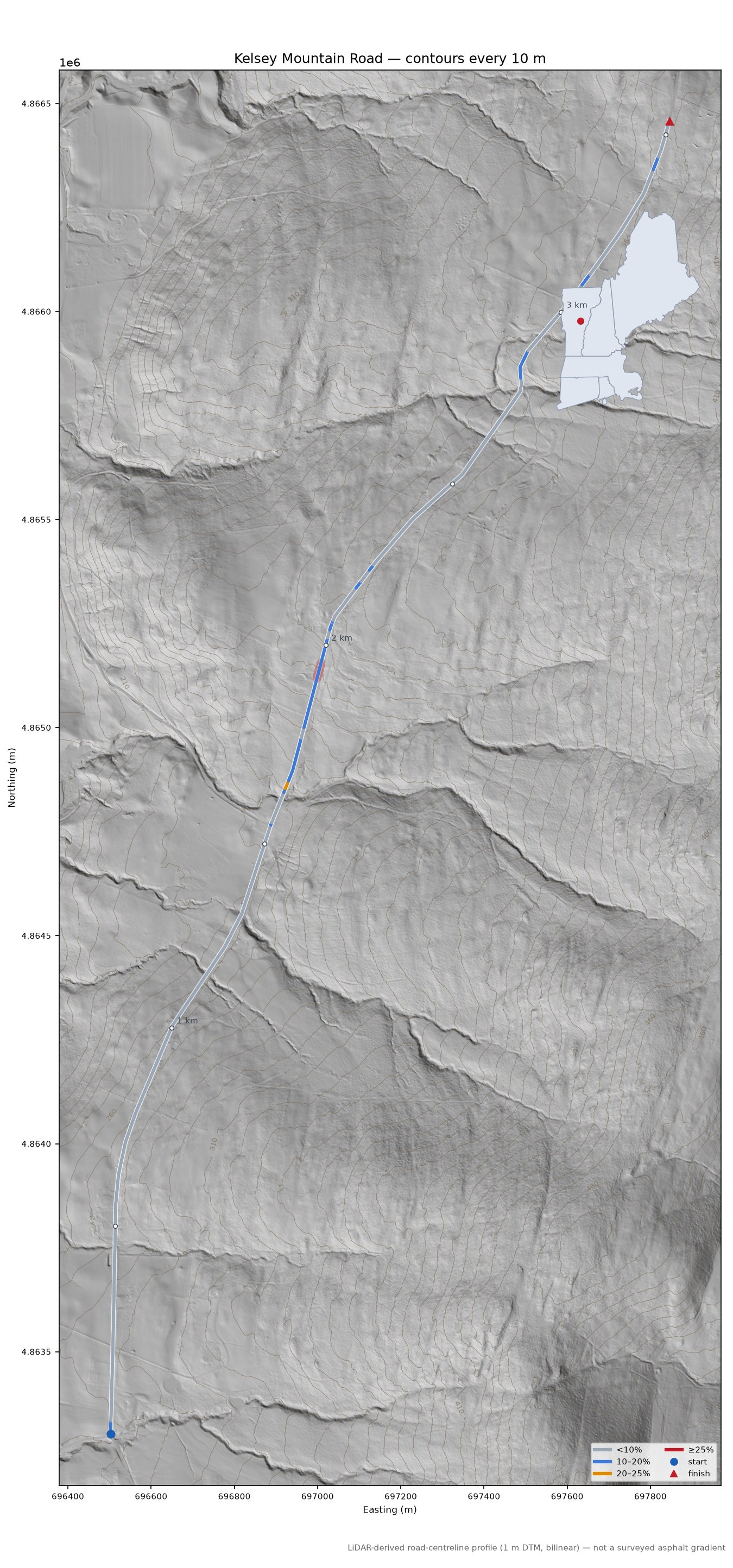 Kelsey Mountain Road LiDAR hillshade map with contours