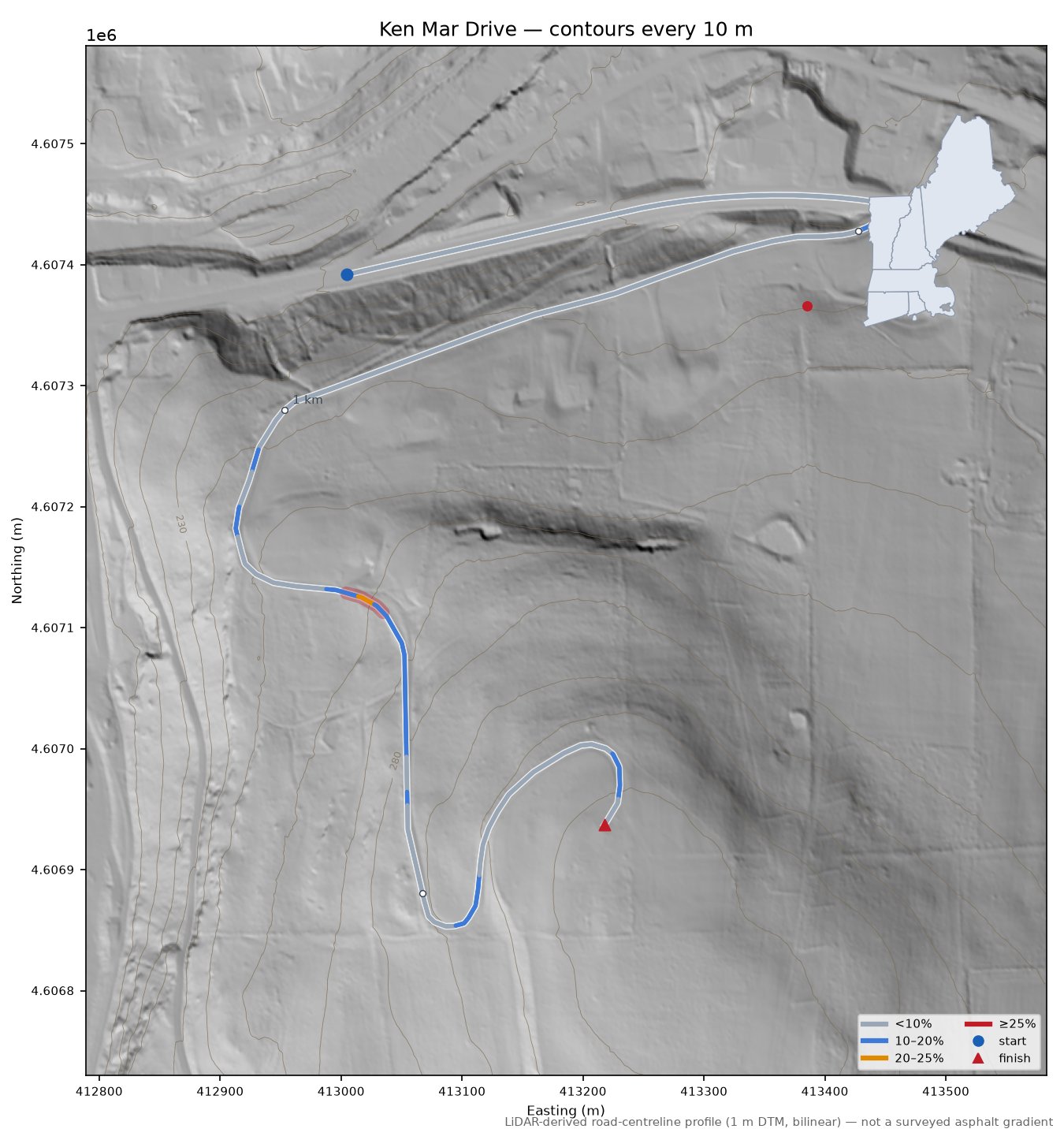Ken Mar Drive LiDAR hillshade map with contours