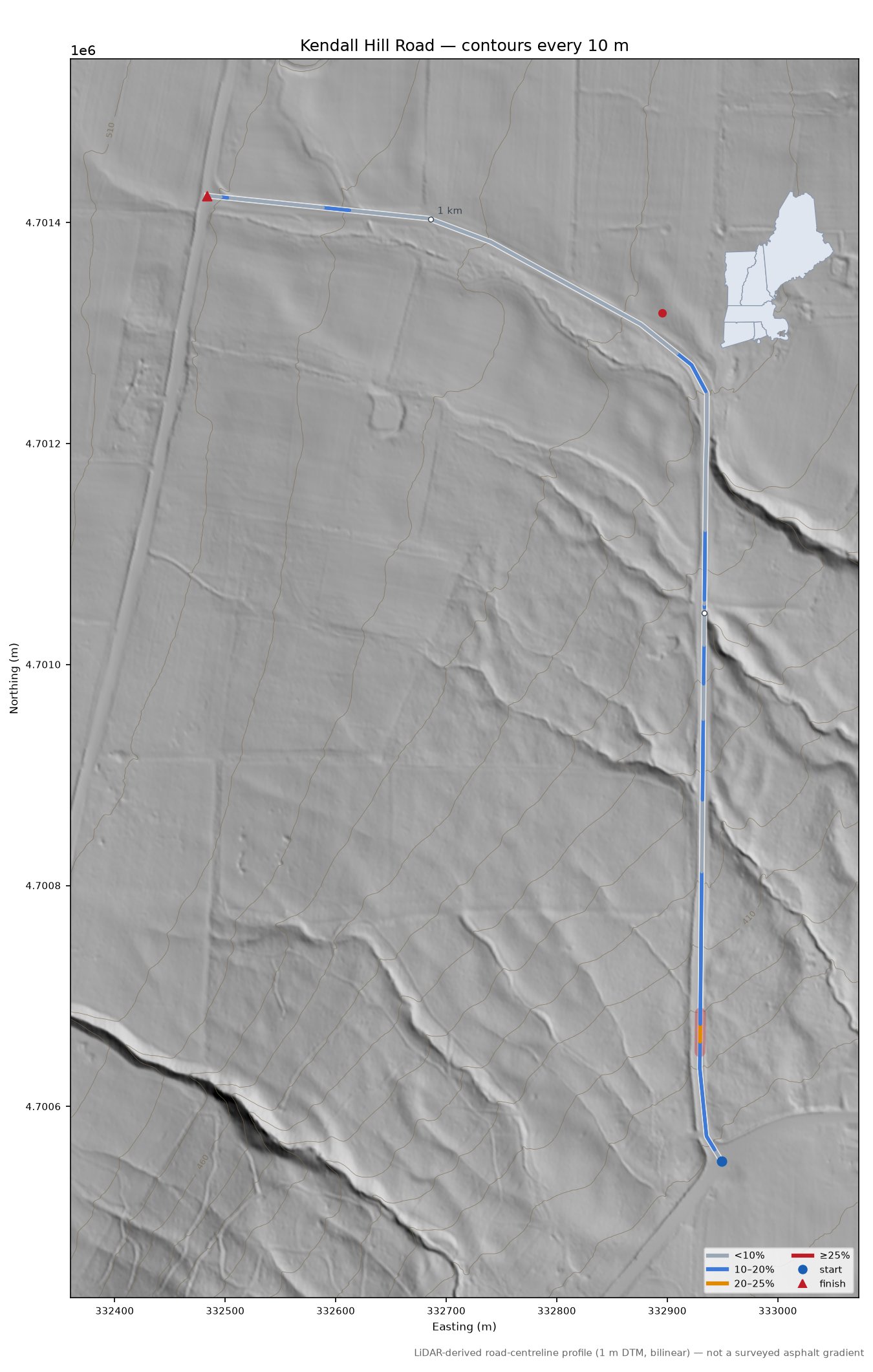 Kendall Hill Road LiDAR hillshade map with contours