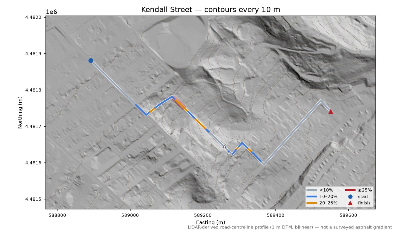 Kendall Street LiDAR hillshade map with contours