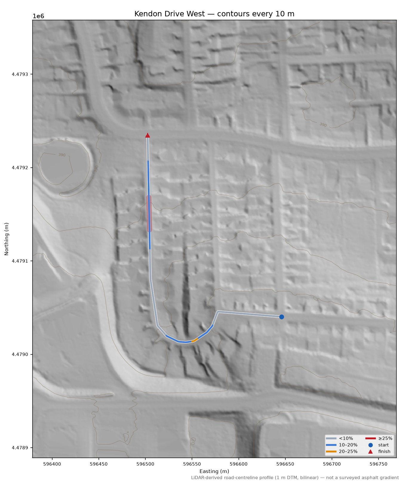 Kendon Drive West LiDAR hillshade map with contours