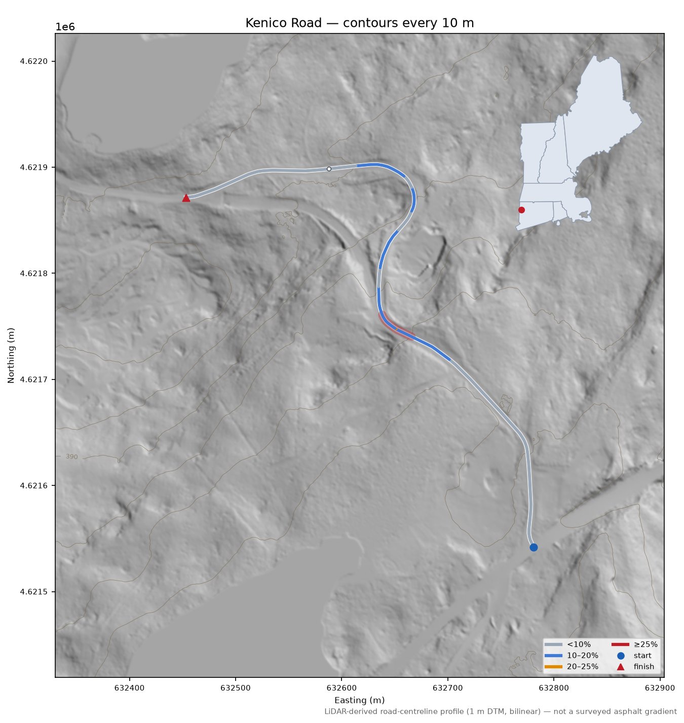 Kenico Road LiDAR hillshade map with contours