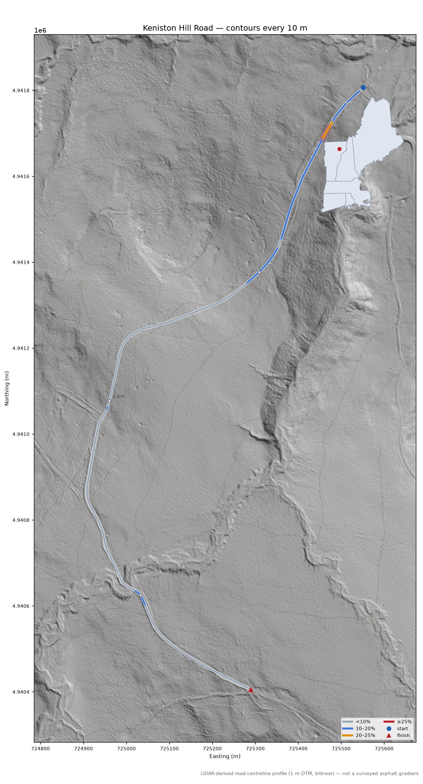 Keniston Hill Road LiDAR hillshade map with contours