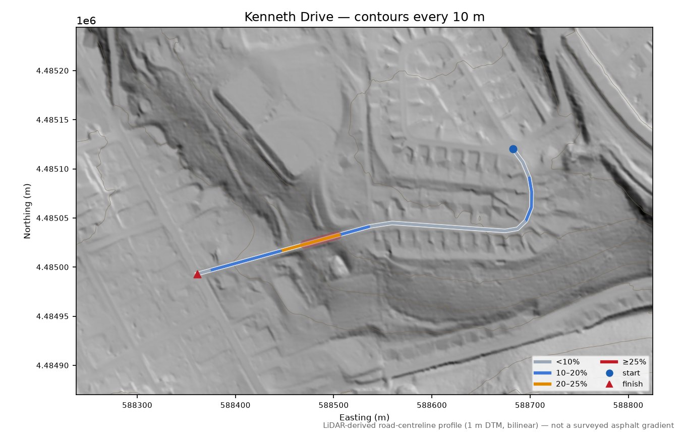 Kenneth Drive LiDAR hillshade map with contours