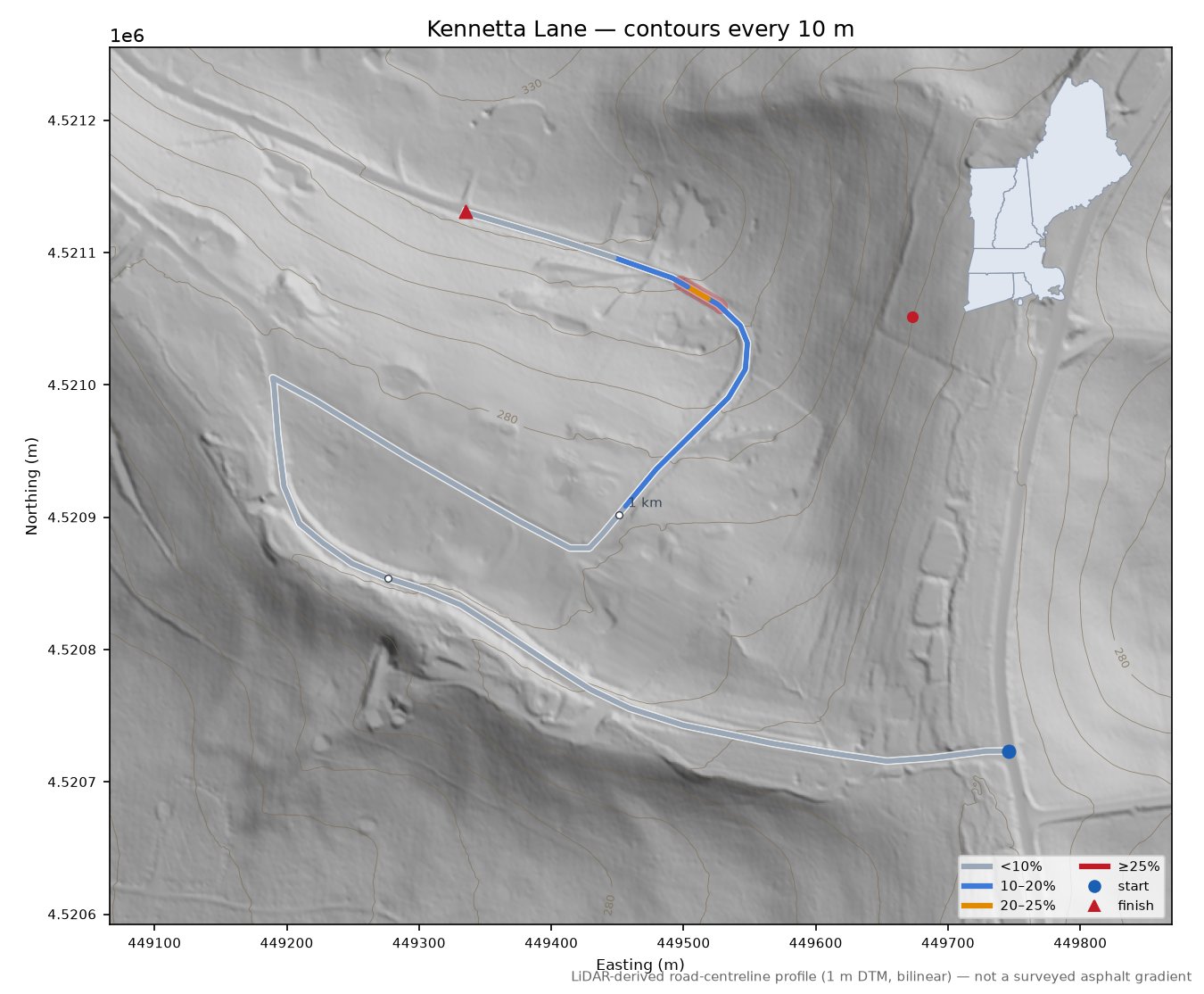 Kennetta Lane LiDAR hillshade map with contours