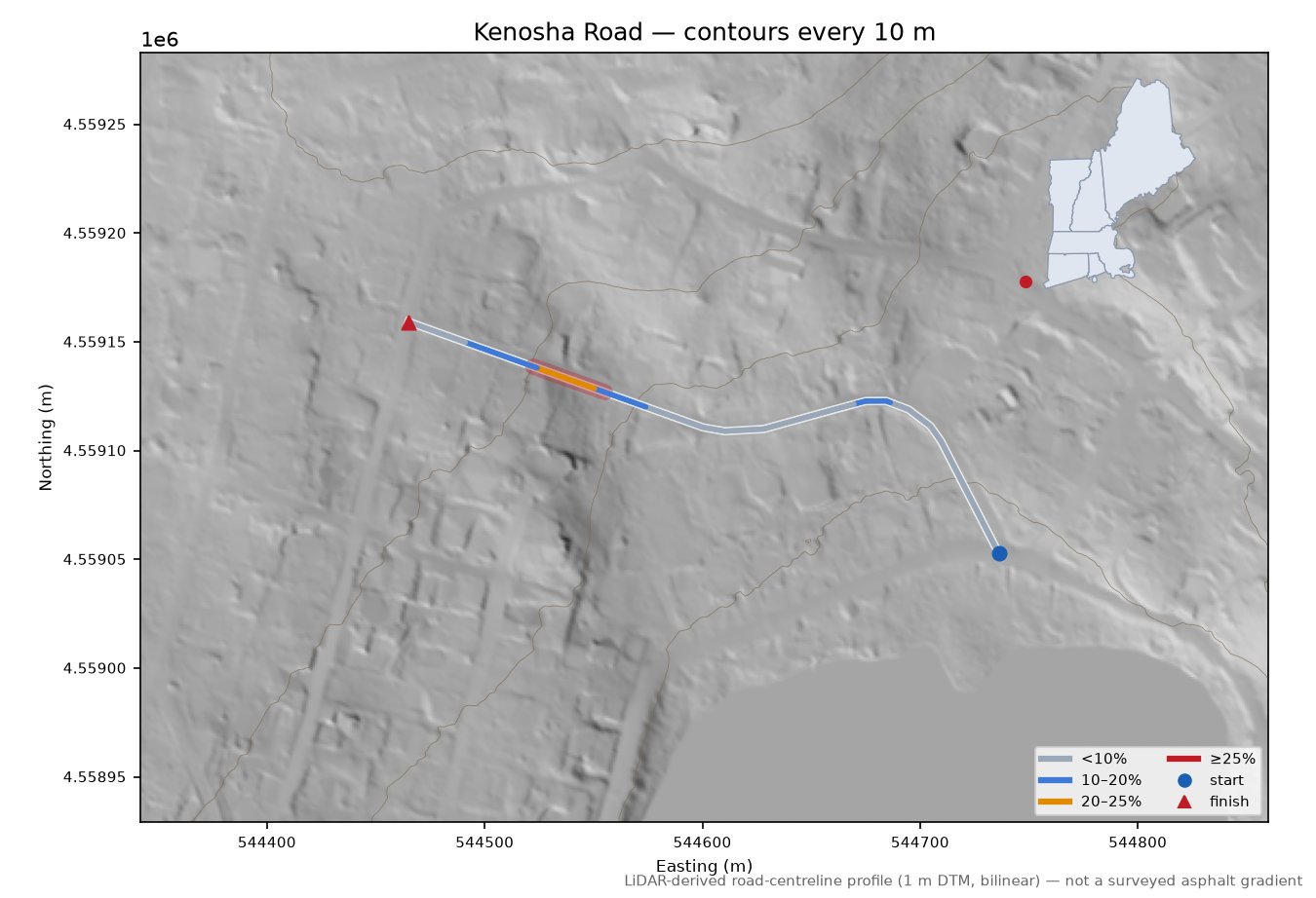 Kenosha Road LiDAR hillshade map with contours