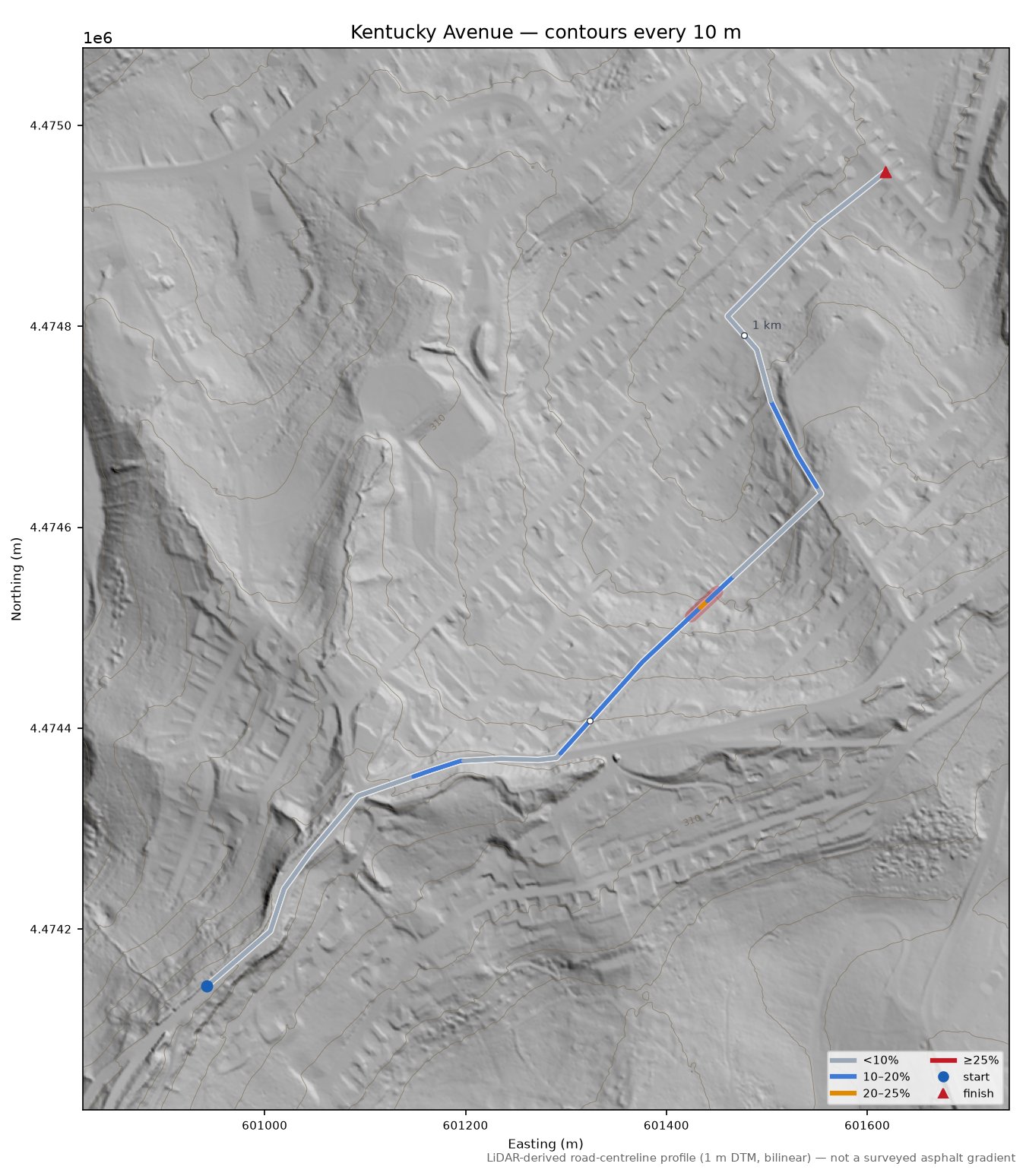 Kentucky Avenue LiDAR hillshade map with contours