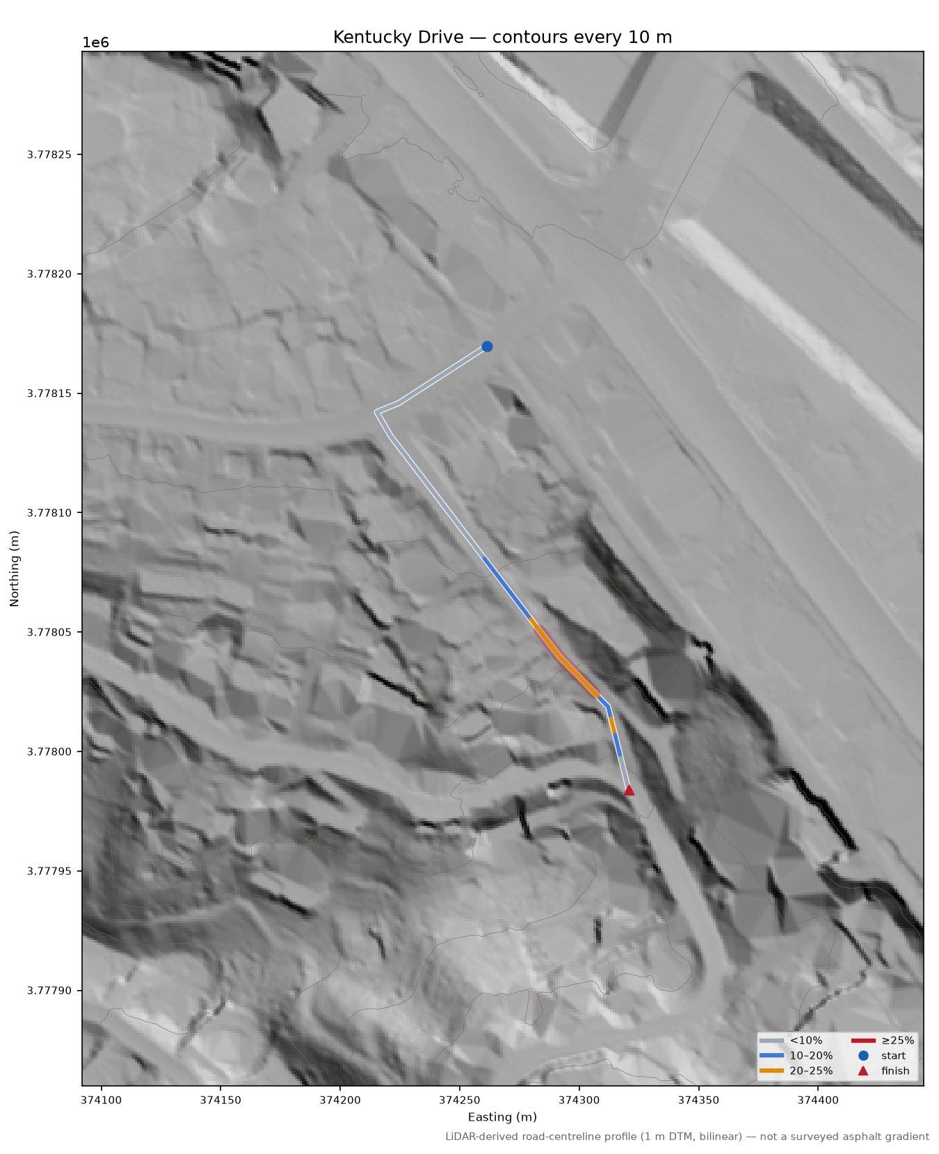 Kentucky Drive LiDAR hillshade map with contours