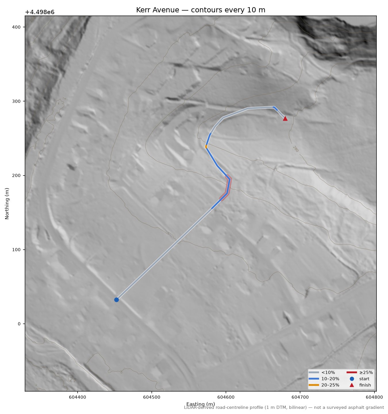 Kerr Avenue LiDAR hillshade map with contours