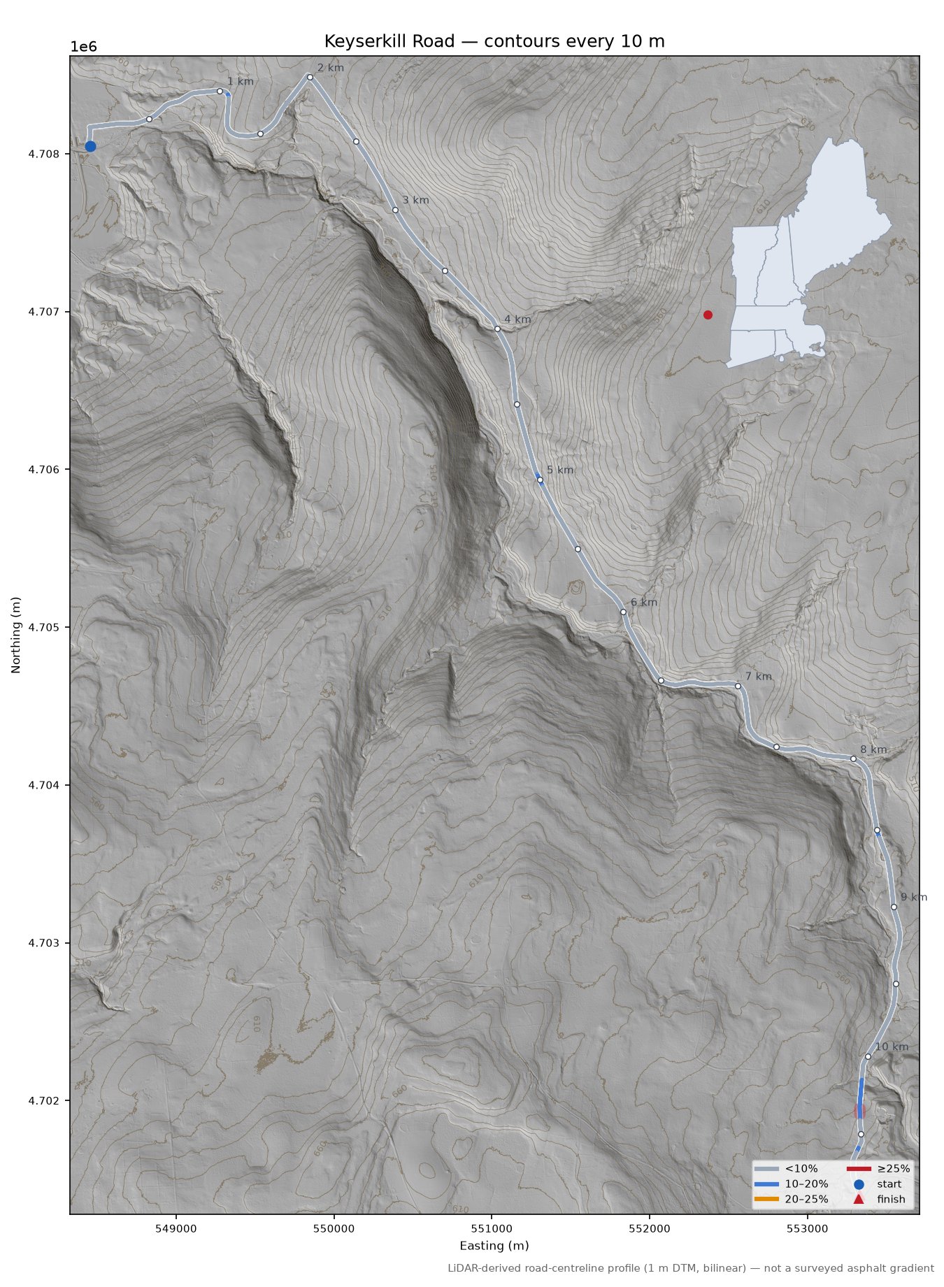 Keyserkill Road LiDAR hillshade map with contours