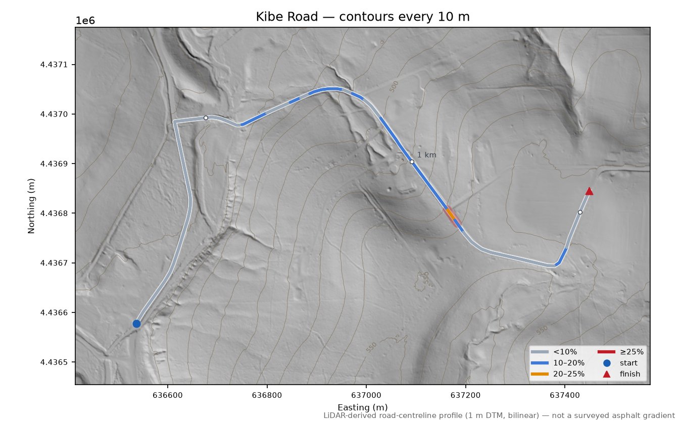 Kibe Road LiDAR hillshade map with contours