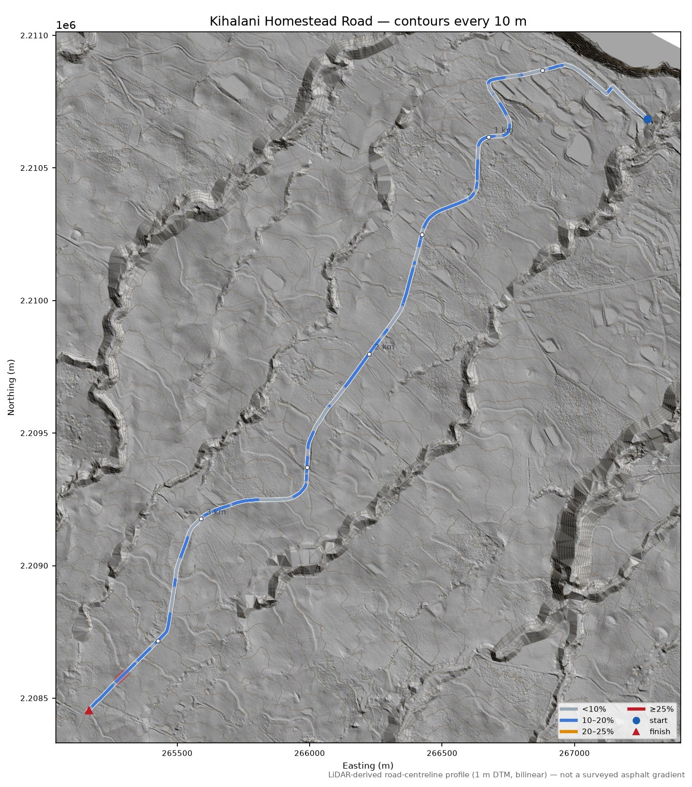 Kihalani Homestead Road LiDAR hillshade map with contours
