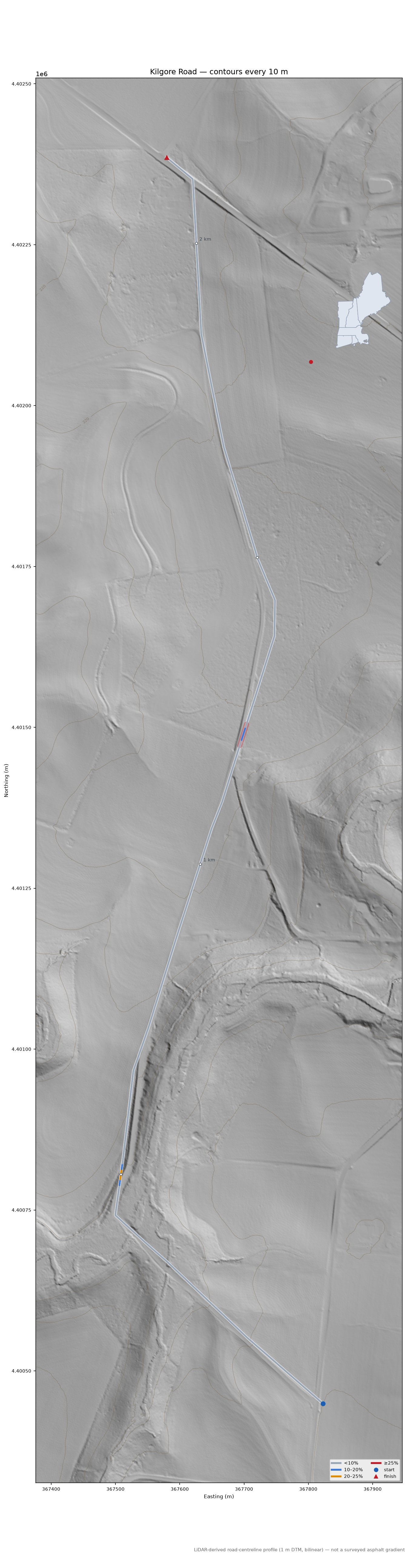 Kilgore Road LiDAR hillshade map with contours