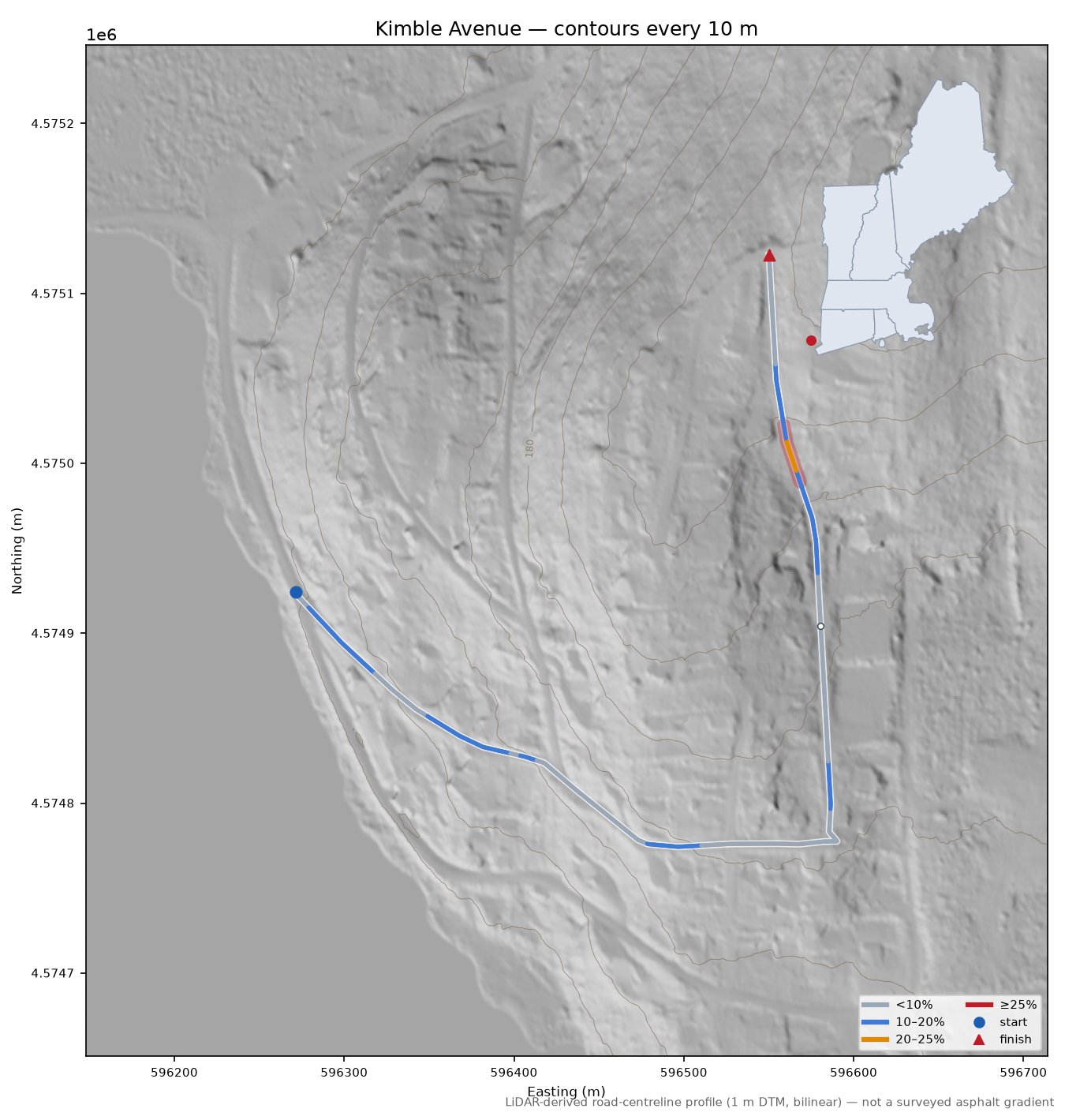 Kimble Avenue LiDAR hillshade map with contours