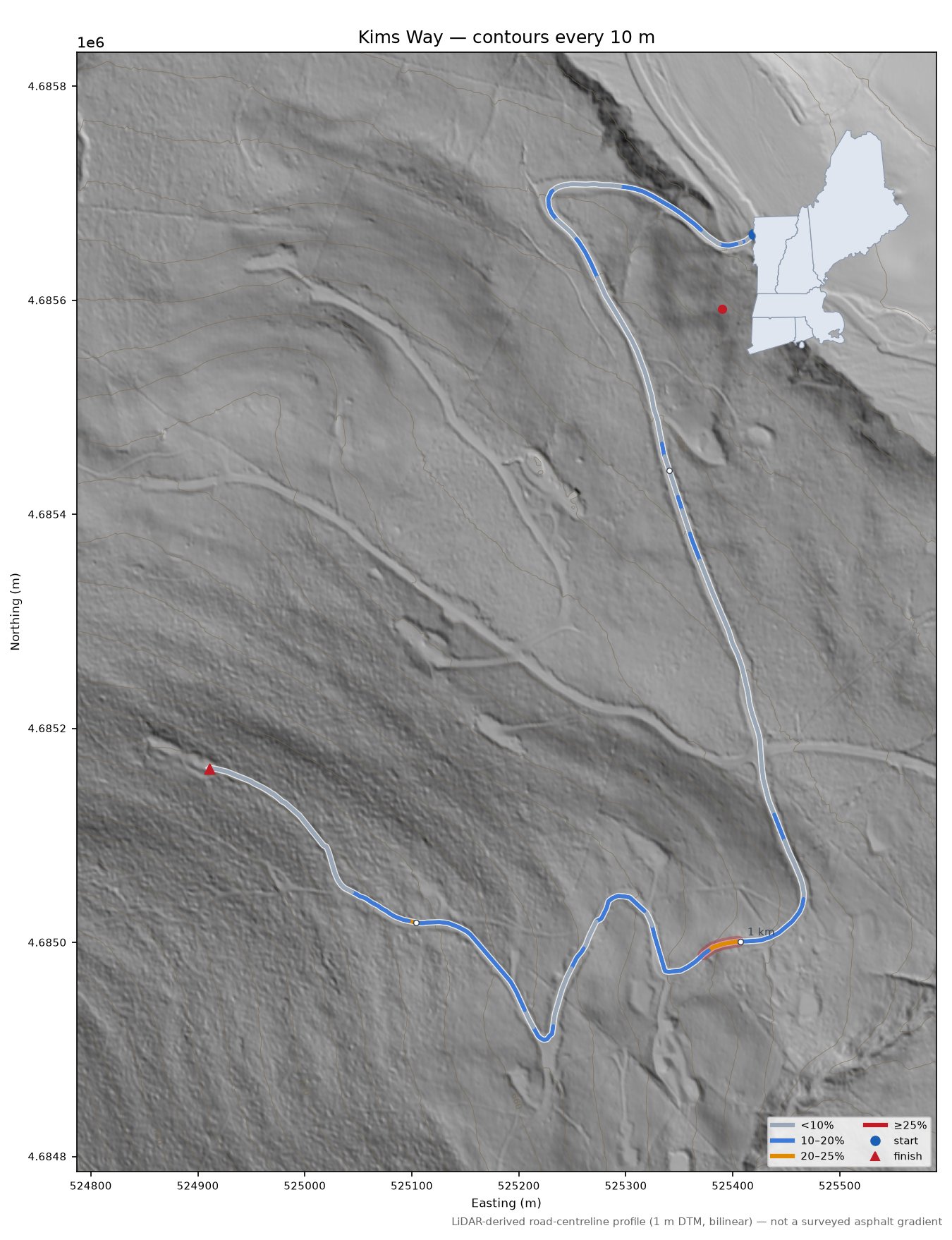 Kims Way LiDAR hillshade map with contours