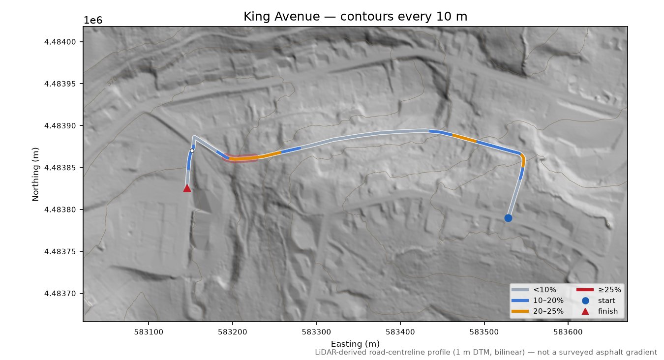 King Avenue LiDAR hillshade map with contours