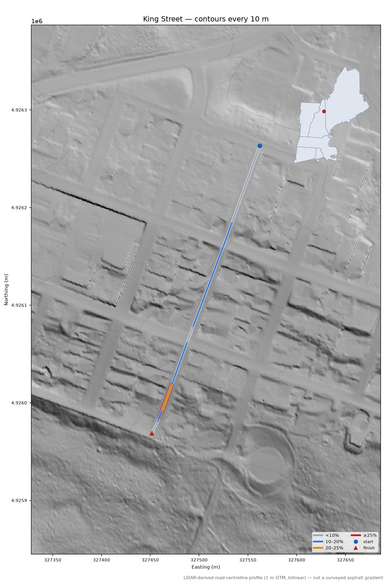 King Street LiDAR hillshade map with contours